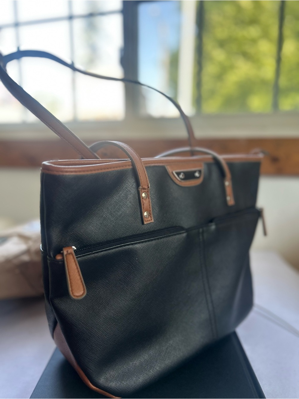 Black Tote Bag with Brown Trim unknown brand